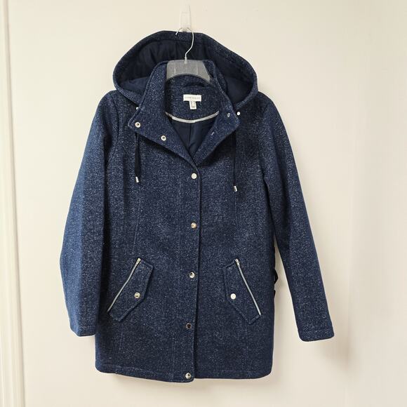 Susan Graver Coat Jacket Medium Womens Navy Lace Up Sides Hooded Pockets Snap - Picture 1 of 14